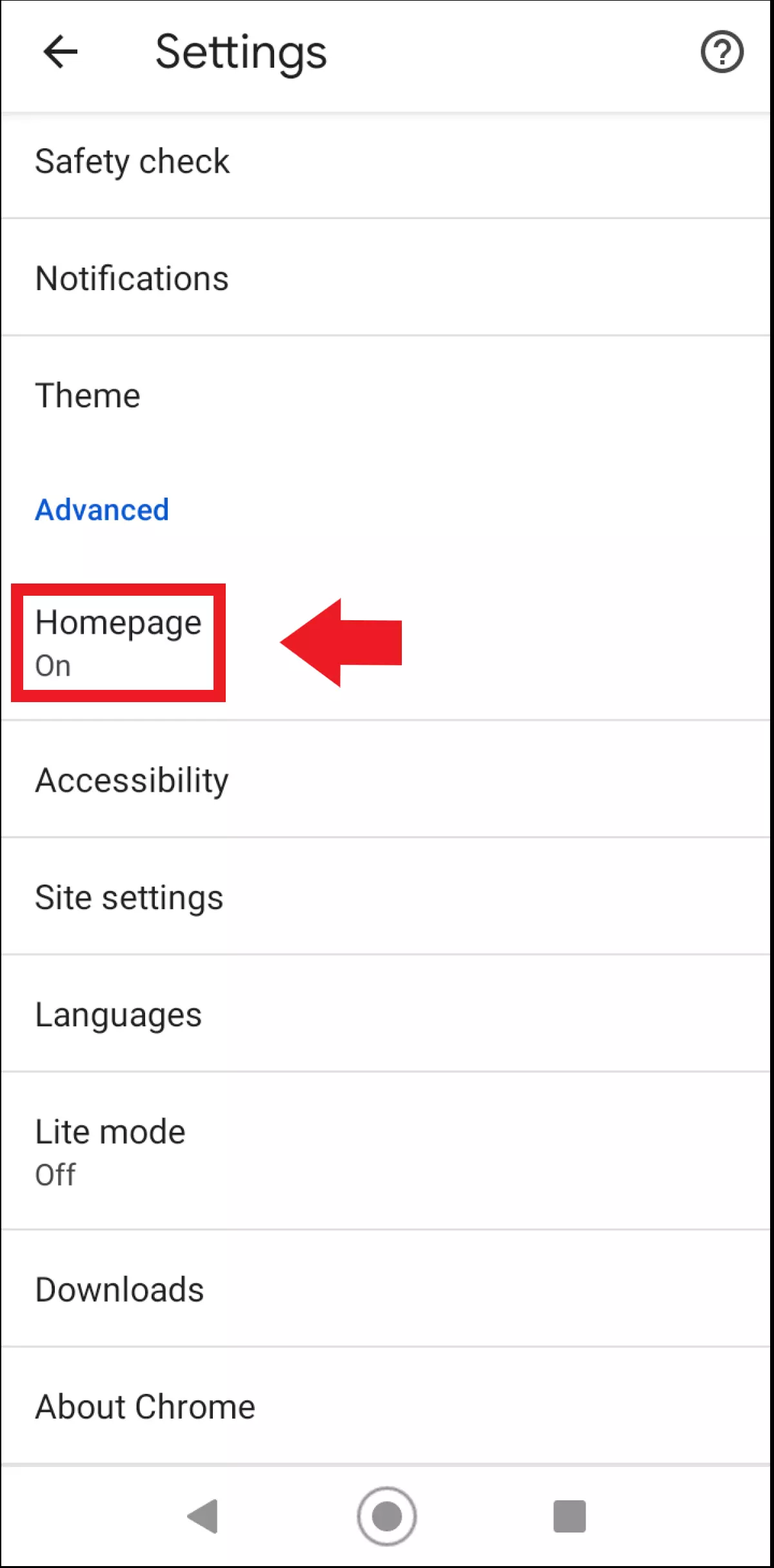 Imagen: Haz clic en “Página de inicio” en el menú de configuración de la aplicación de Chrome