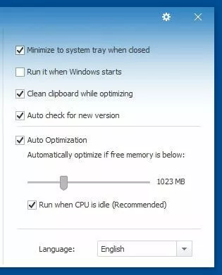 Menú de opciones del Optimizador de memoria inteligente