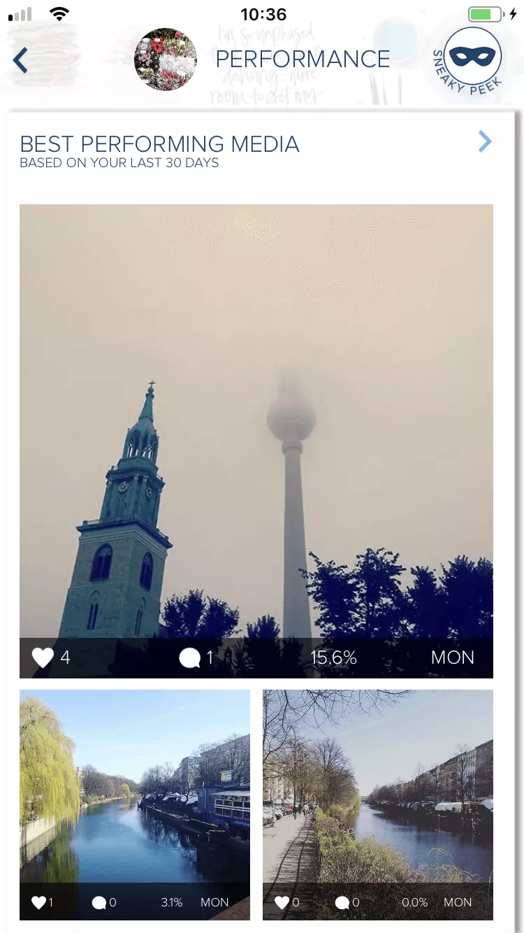 Área con información sobre tu performance en la app de estadísticas de Instagram Plann