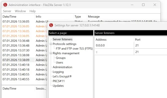 Imagen: Menú del servidor FileZilla