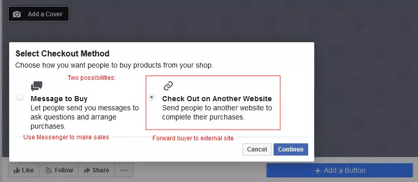 Crea una tienda de Facebook: menú desde el que se selecciona el tipo de compra