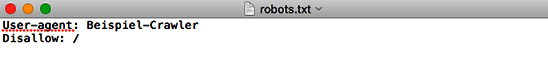 Captura de pantalla de un archivo robots.txt en el que se excluye un rastreador específico