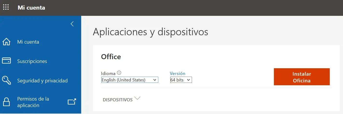 Imagen: “Aplicaciones y dispositivos” en la interfaz de Microsoft 365