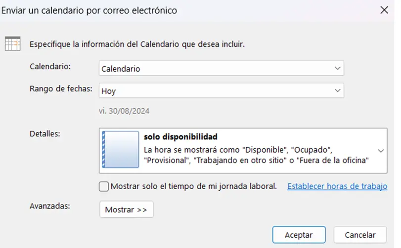 Outlook: cuadro de diálogo “Enviar un calendario por correo electrónico” Imagen: Outlook: cuadro de diálogo “Enviar un calendario por correo electrónico”