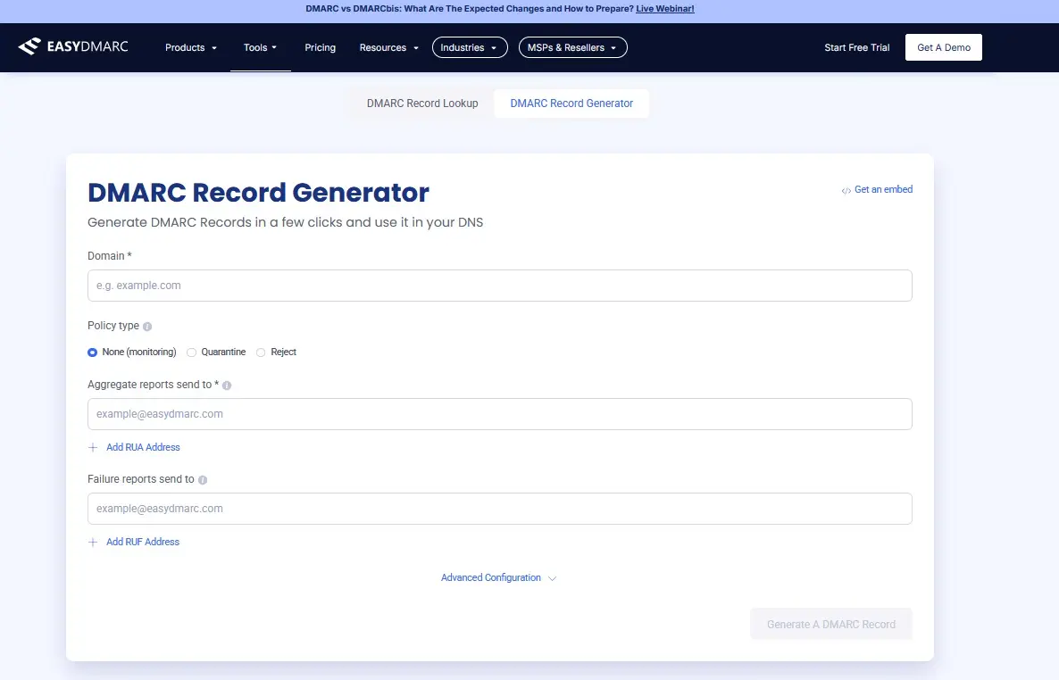 Imagen: Captura de pantalla de la herramienta DMARC Record Generator de EasyDMARC