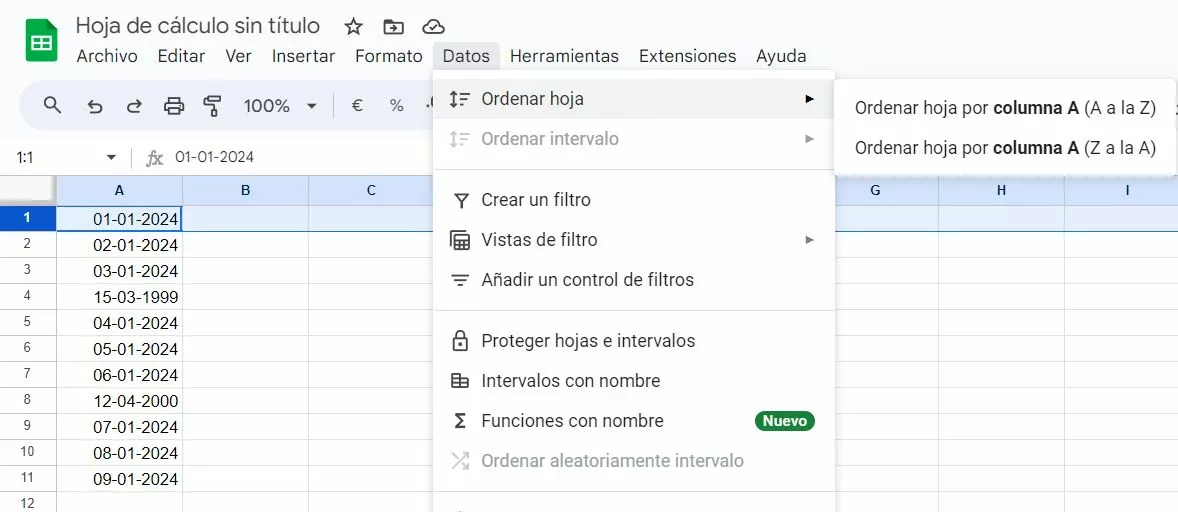 Captura de pantalla del menú Datos de hojas de cálculo de Google Captura de pantalla del menú Datos de hojas de cálculo de Google