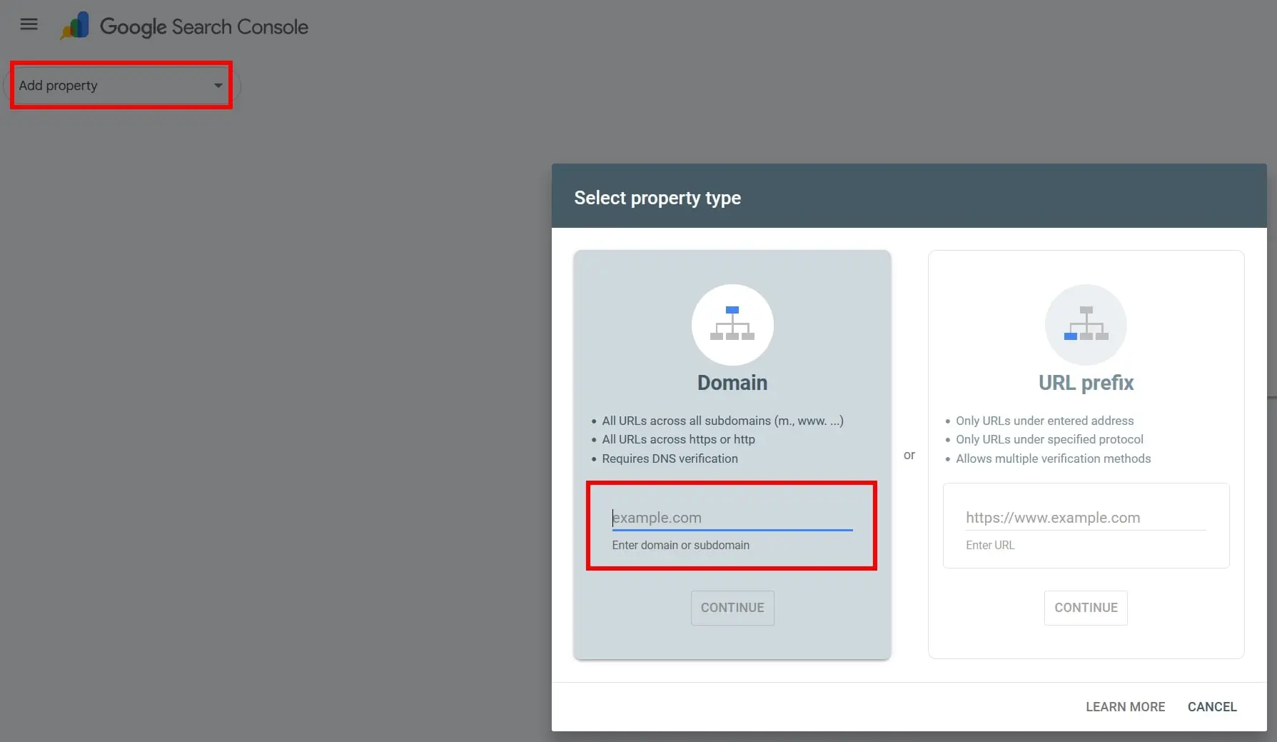 Imagen: Google Search Console: a&ntilde;adir propiedad