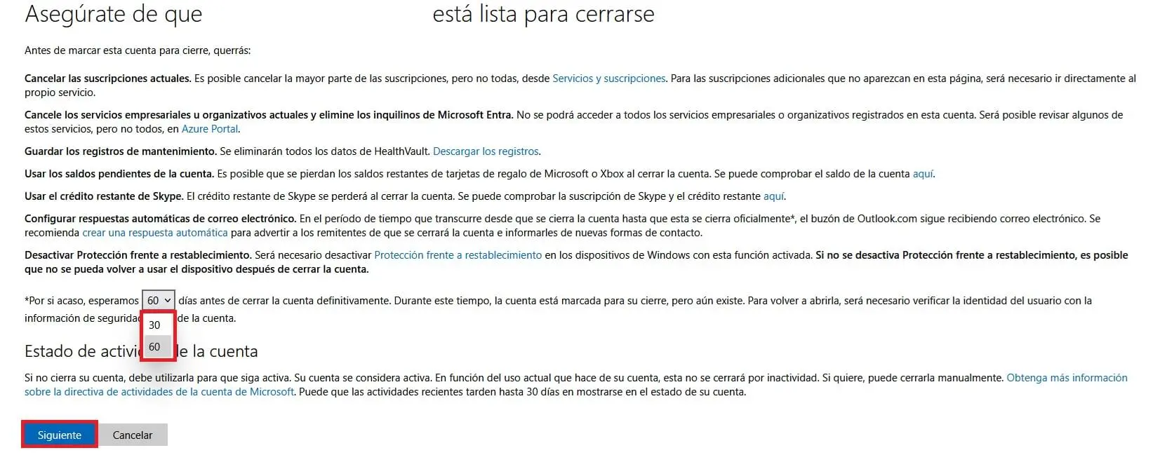 Eliminar cuenta de Microsoft: información previa Imagen: Eliminar cuenta de Microsoft: información previa