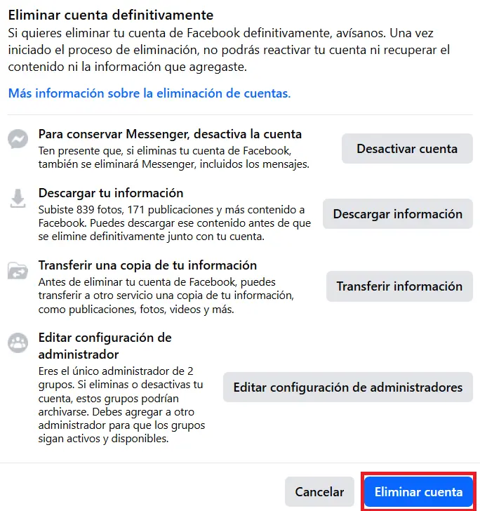 Facebook: eliminar cuenta de forma permanente Imagen: Facebook: eliminar cuenta de forma permanente