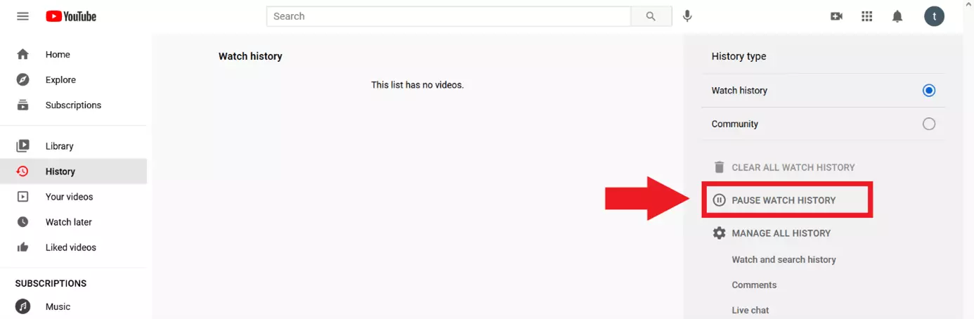 Imagen: YouTube: pausa del historial de reproducción