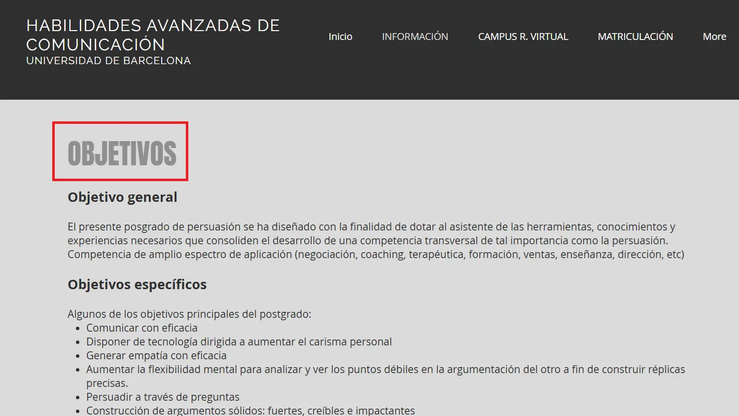 Imagen: Captura de pantalla de los elementos de navegación de la Universidad de Barcelona