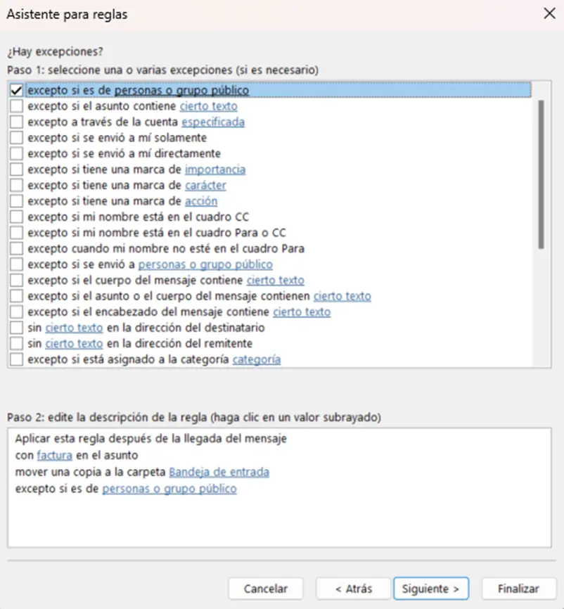 Imagen: Asistente para reglas en Outlook: selección de las excepciones de condiciones