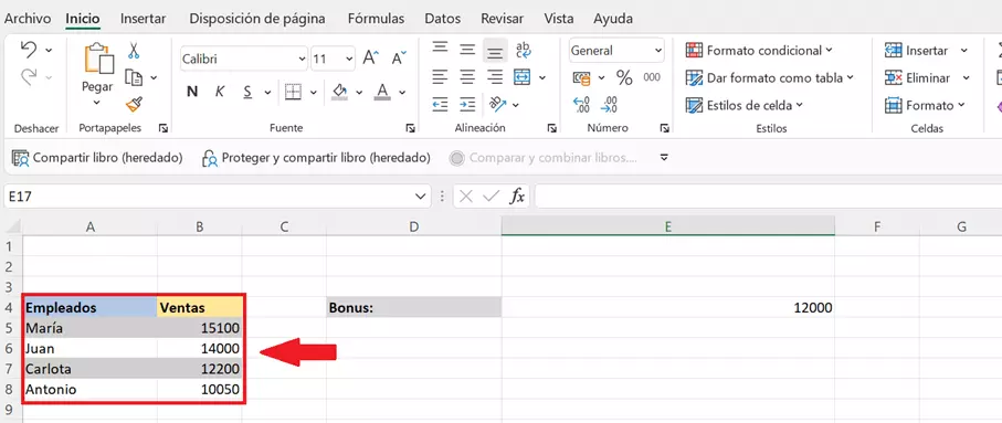 Imagen: Segundo ejemplo de uso de COINCIDIRX: tabla de Excel con valores para analizar