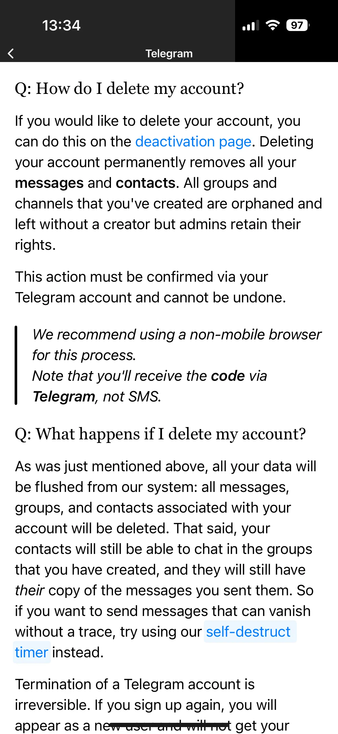 Apartado “Eliminar la cuenta de Telegram” en FAQ de la app de Telegram Imagen: Apartado “Eliminar la cuenta de Telegram” en FAQ de la app de Telegram