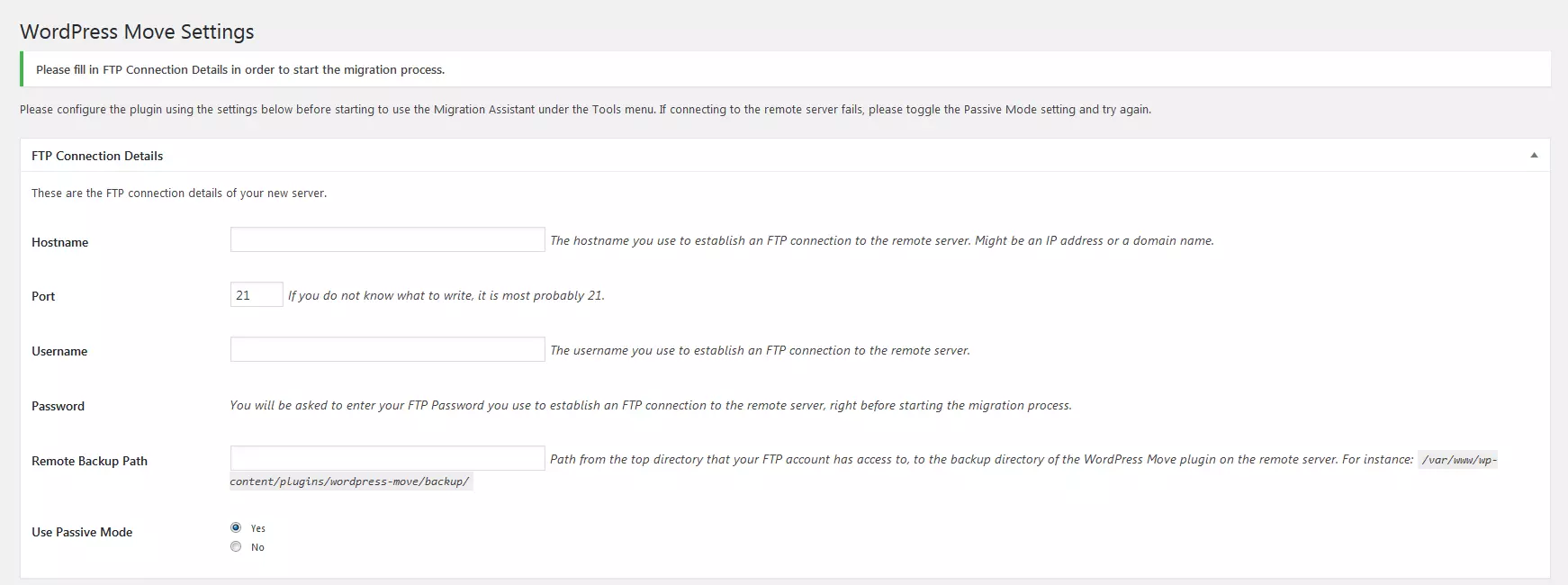 Imagen: Vista de la configuración del plugin WordPress Move