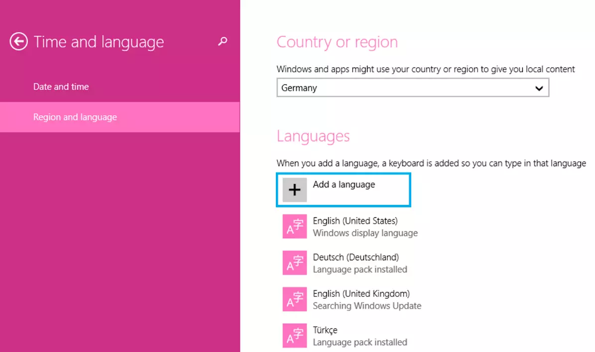 Imagen: Configuración de “Región e idioma” en Windows 8