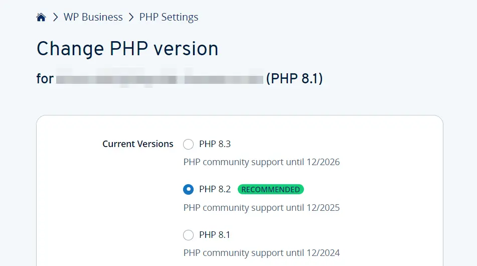 Selecciona la versión de PHP en el panel de control de IONOS Imagen: Selecciona la versión de PHP en el panel de control de IONOS