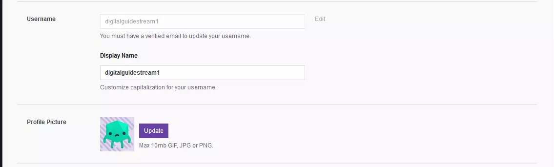 Twitch-Stream: nombre público e imagen de perfil