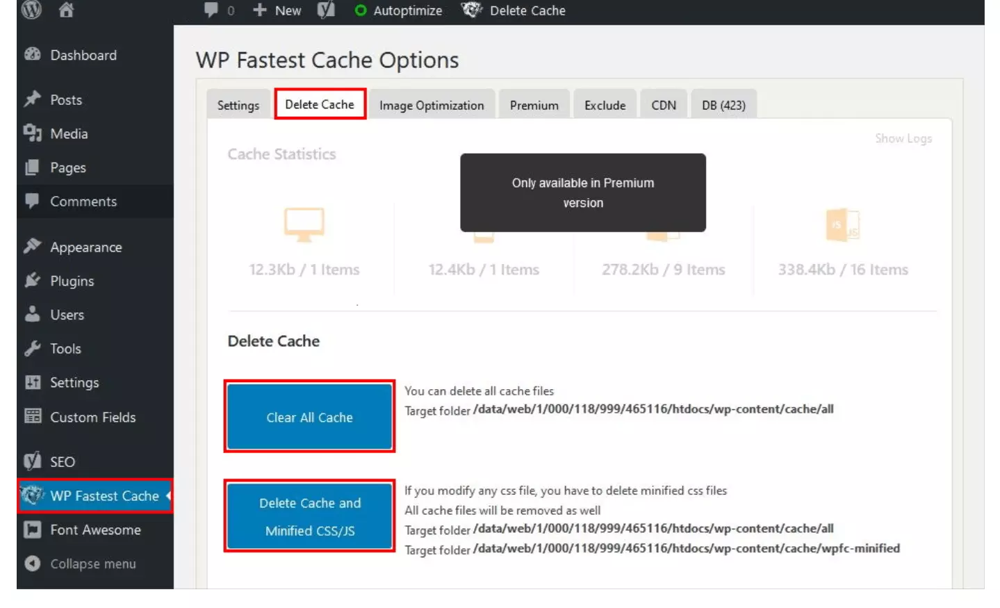 cómo borrar la caché de WordPress desde las opciones en WP Fastest Cache