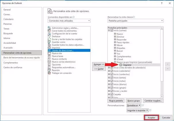 Imagen: Ventana de Opciones de Outlook con un nuevo grupo y el comando “Imprimir”