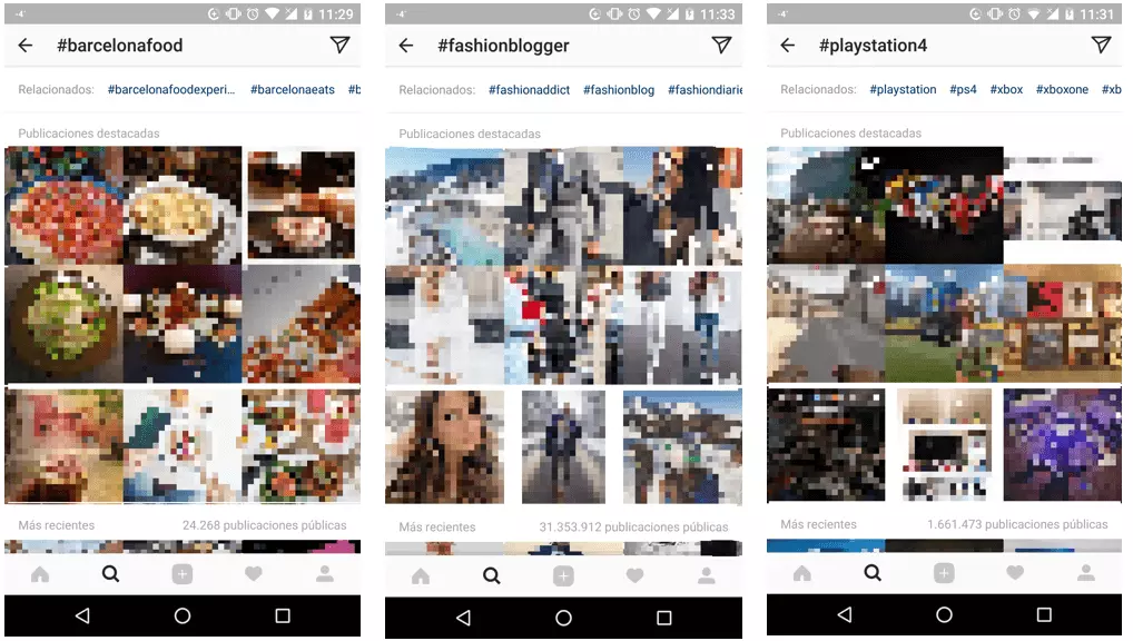 Resultados de búsqueda del hashtag #barcelonafood, #fashionblogger, #playstation4 en la app de Instagram