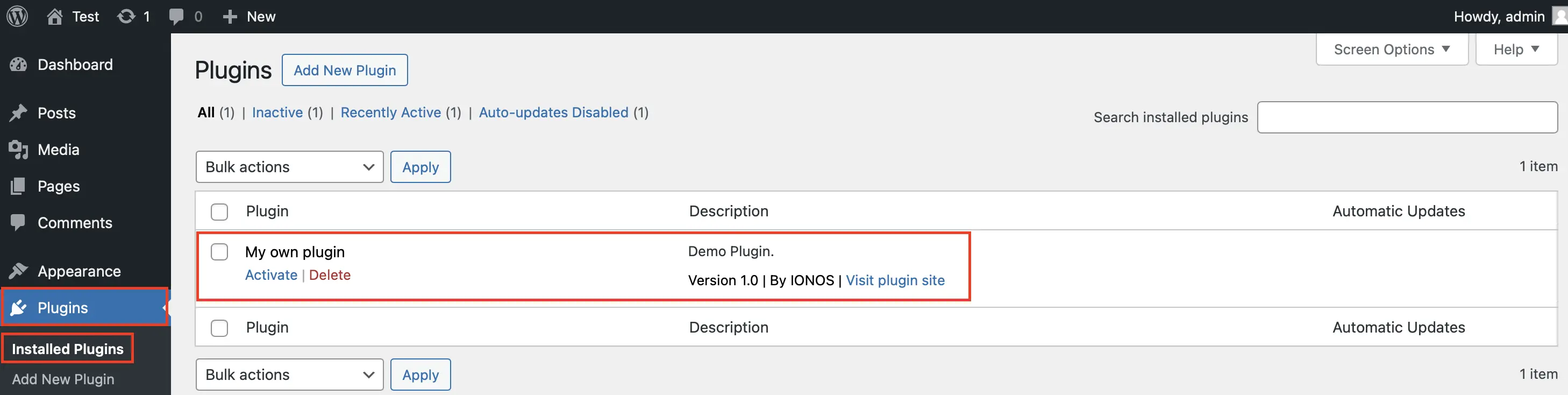 Imagen: Tu propio plugin aparece de inmediato en el backend de WordPress.