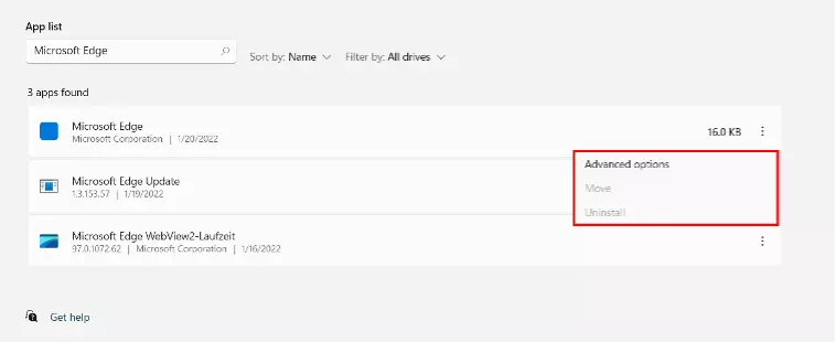 Imagen: Opción “Desinstalar”, en gris en caso de no tener la versión Chromium de Edge