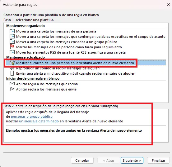 Imagen: Asistente para reglas en Outlook: selección de plantilla de reglas