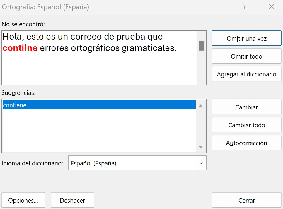 Mensaje del corrector ortográfico automático de Outlook Imagen: Mensaje del corrector ortográfico automático de Outlook