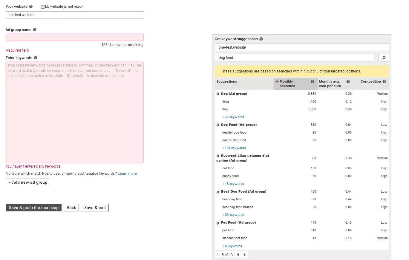 Imagen: Definición de las keywords en Bing Ads