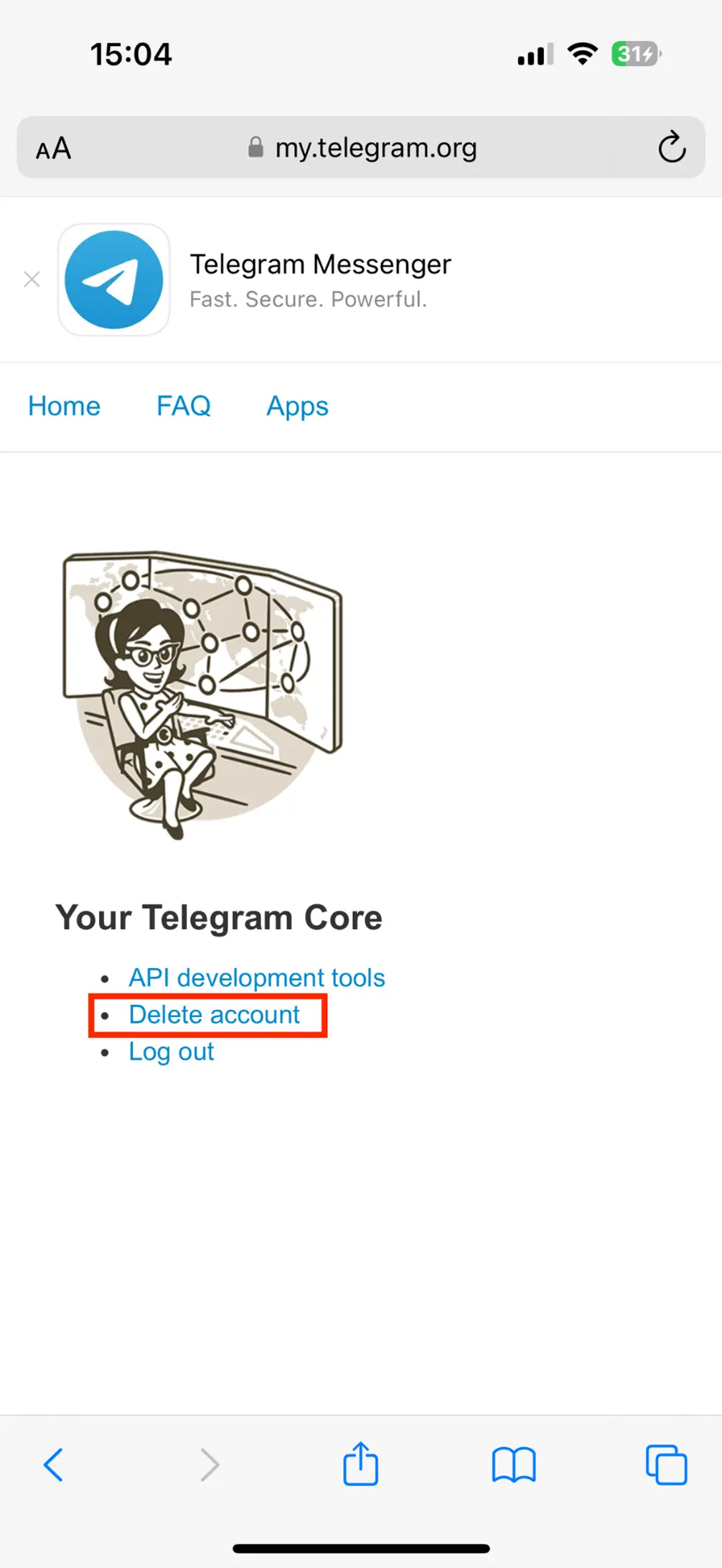 Página web de Telegram para “Eliminar una cuenta”: menú general Imagen: Página web de Telegram para “Eliminar una cuenta”: menú general