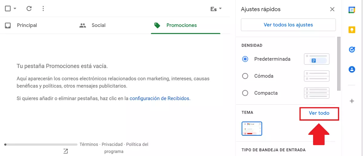 Imagen: La sección Tema del menú de ajustes rápidos de Gmail