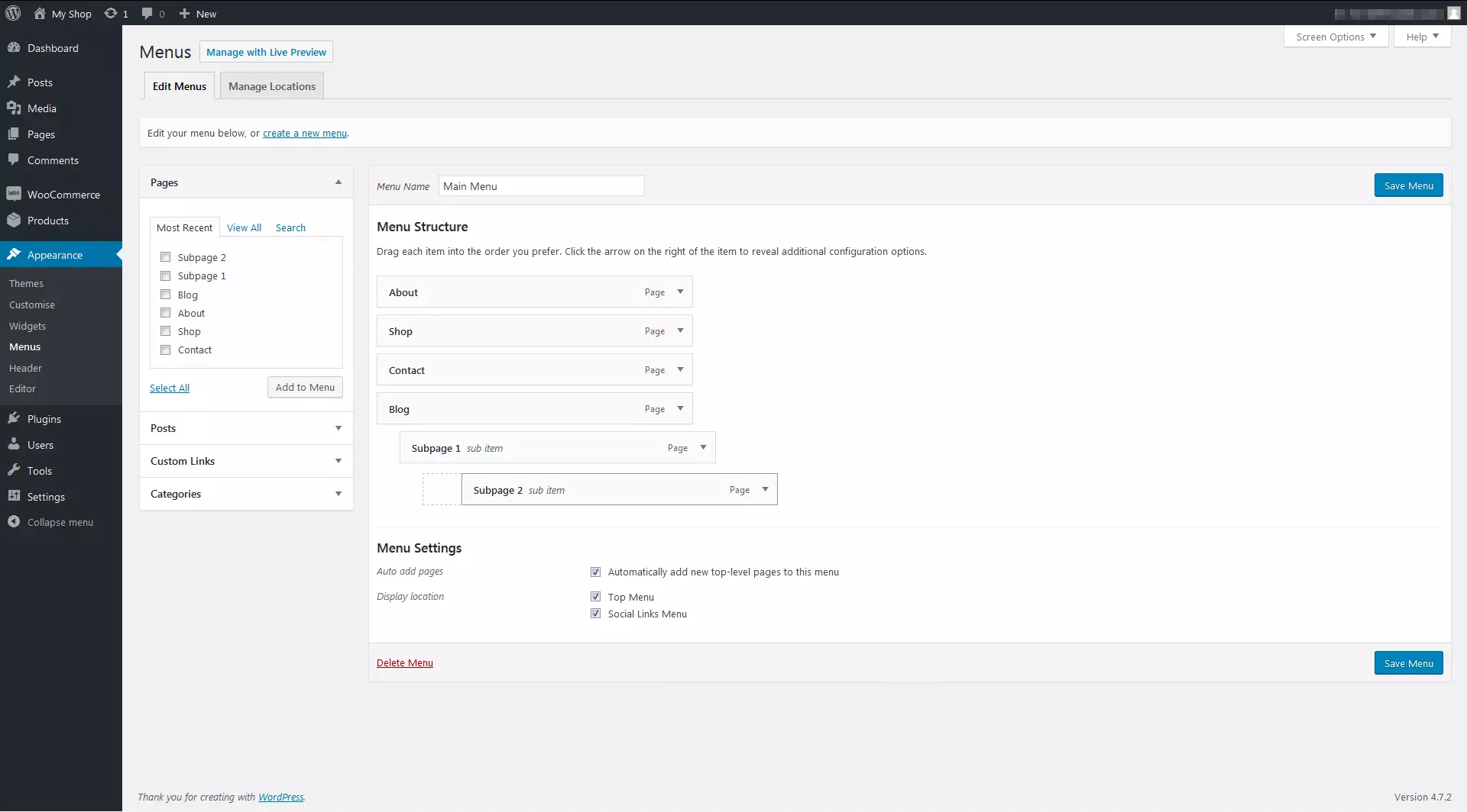 Plugin WooCommerce: ajustes en la estructura del menú