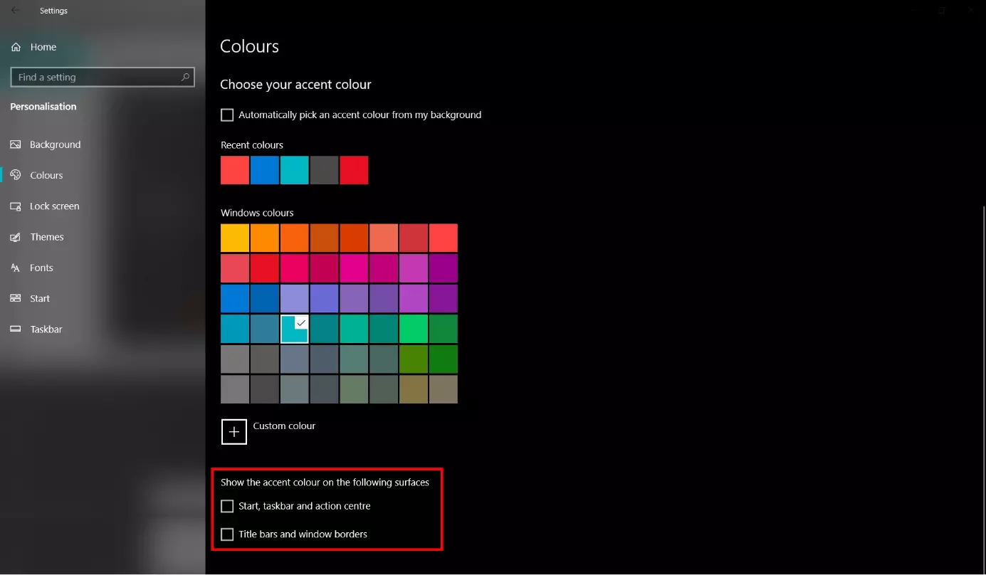 Imagen: Configuración de Windows: seleccionar color de énfasis