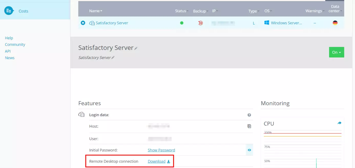 Imagen: IONOS - Cloud Panel: vista general sobre los datos de acceso del servidor