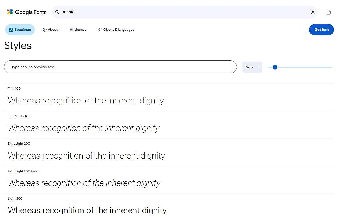 Diferentes variantes de la fuente Roboto en Google Fonts Imagen: Diferentes variantes de la fuente Roboto en Google Fonts