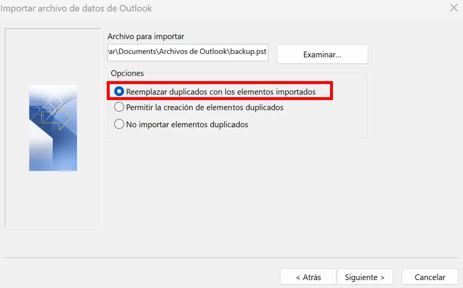 Opción en el asistente de Outlook que evita la creación de duplicados Imagen: Opción en el asistente de Outlook que evita la creación de duplicados