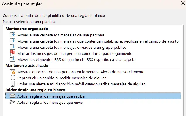 Imagen: Asistente para reglas de Outlook: selección de condiciones
