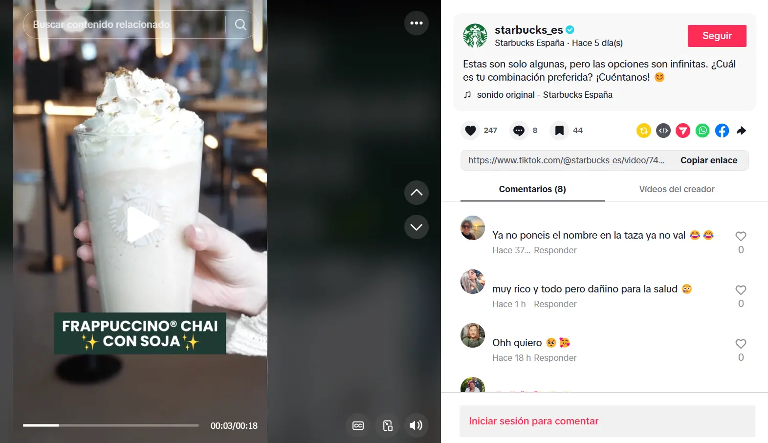 Captura de pantalla de una publicación en TikTok de Starbucks Imagen: Captura de pantalla de una publicación en TikTok de Starbucks