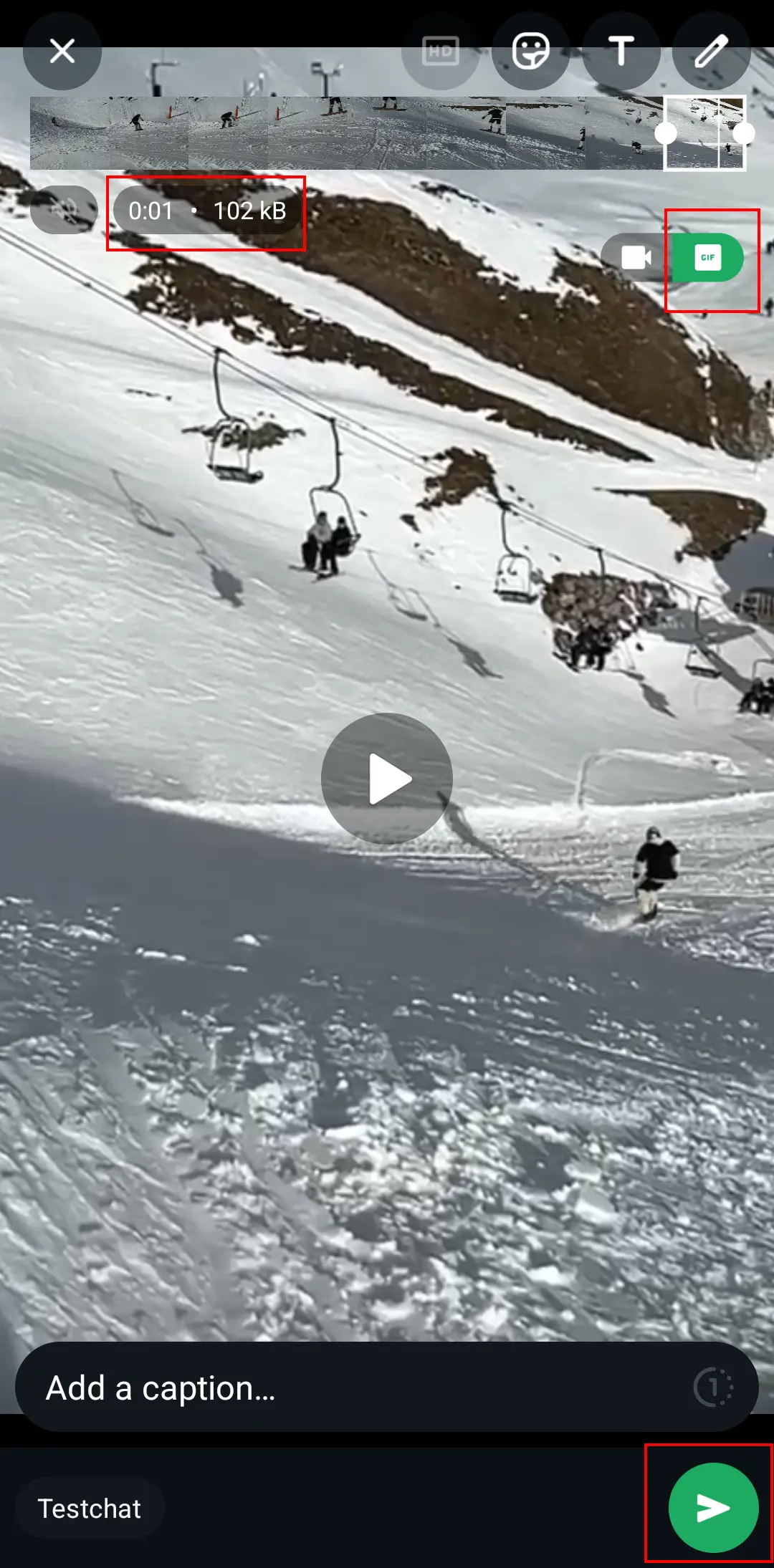 Imagen: Captura de pantalla en Android de la edición de vídeo en WhatsApp con el botón GIF