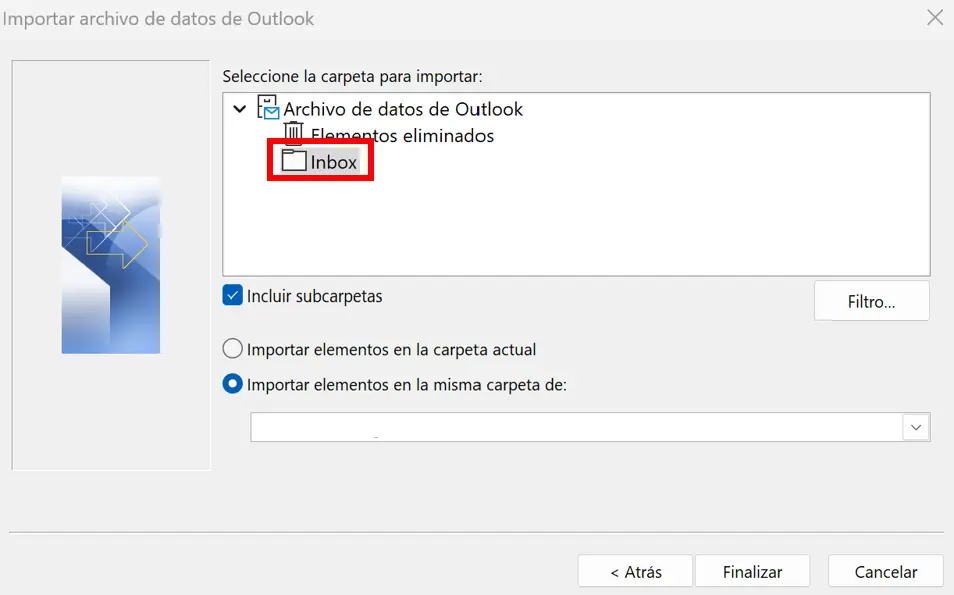 Asistente: selección de archivo de datos de Outlook con opciones de importación Imagen: Asistente: selección de archivo de datos de Outlook con opciones de importación