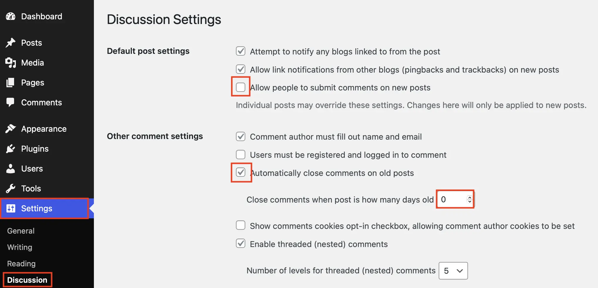 Pestaña “Comentarios” en el apartado “Ajustes” en el backend de WordPress: opciones de configuración para desactivar los comentarios para toda la página web Imagen: Pestaña “Comentarios” en el apartado “Ajustes” en el backend de WordPress: opciones de configuración para desactivar los comentarios para toda la página web