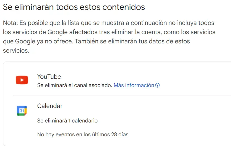 Listado de archivos y contenidos que se eliminan al cerrar una cuenta de Google Imagen: Listado de archivos y contenidos que se eliminan al cerrar una cuenta de Google