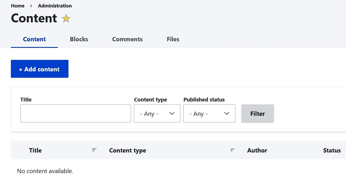 Menú “Content” de Drupal, que permite crear una nueva página Imagen: Menú “Content” de Drupal, que permite crear una nueva página