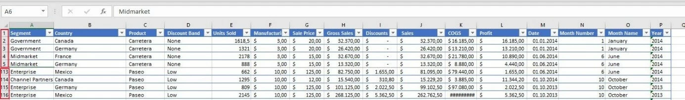 Imagen: Rango de filas inmovilizadas en Excel 2016