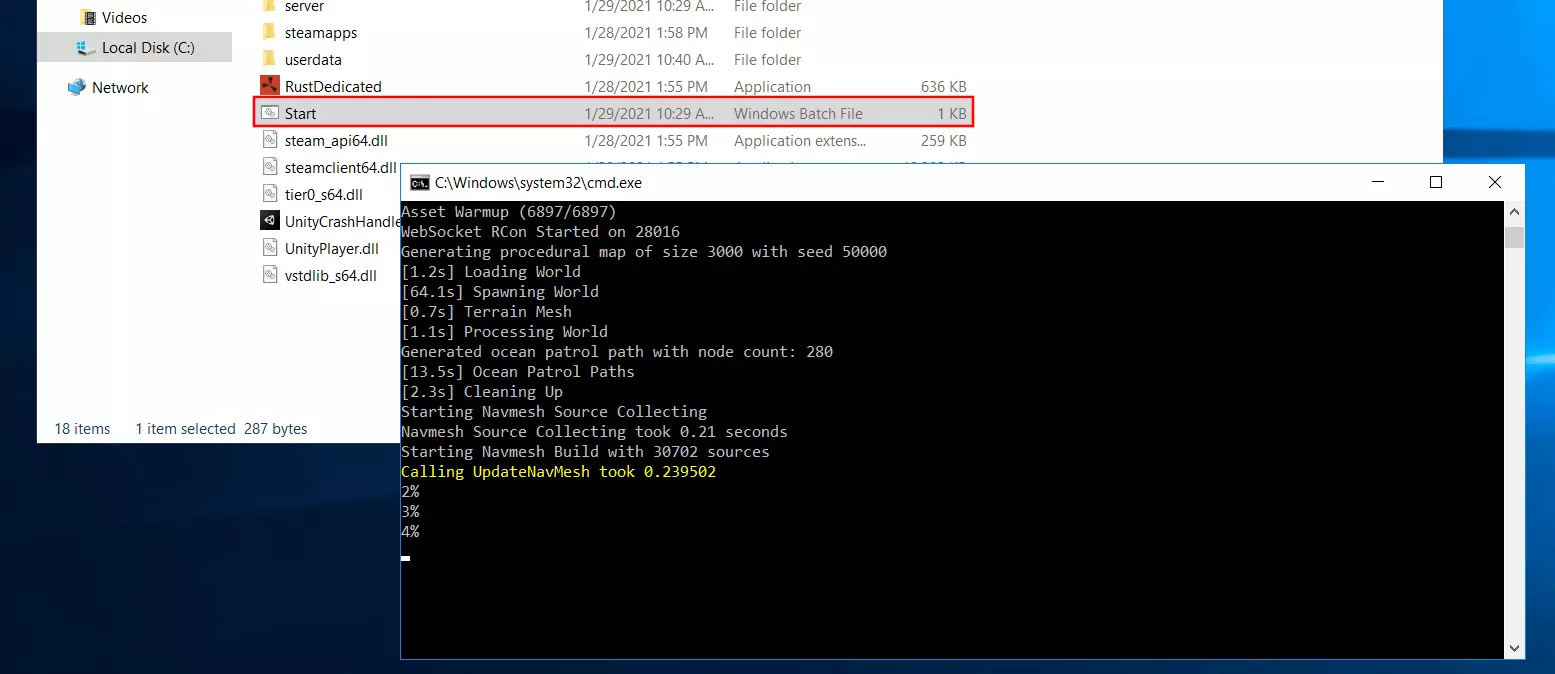 Imagen: Rust server: creación e inicio del mundo del juego a través de Start.bat