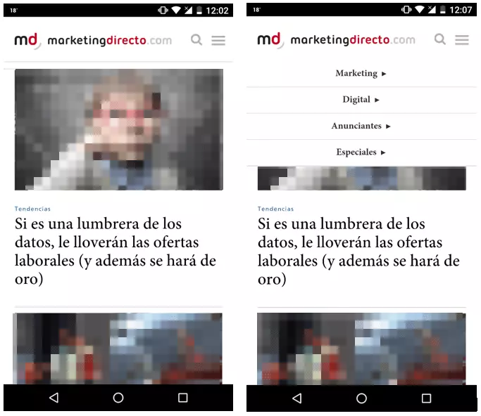 Imagen: Vista móvil marketingdirecto.com, ejemplo de menú desplegable