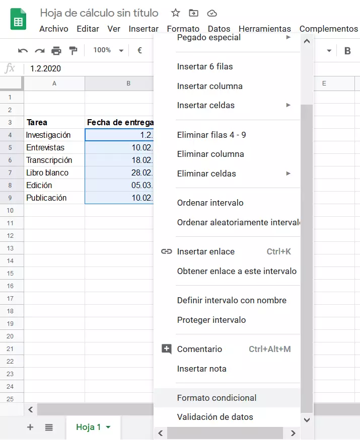 Imagen: Google Sheets: tabla con un rango seleccionado.