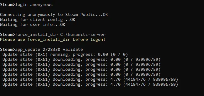 Instalación del servidor de HumanitZ en SteamCMD Imagen: Instalación del servidor de HumanitZ en SteamCMD