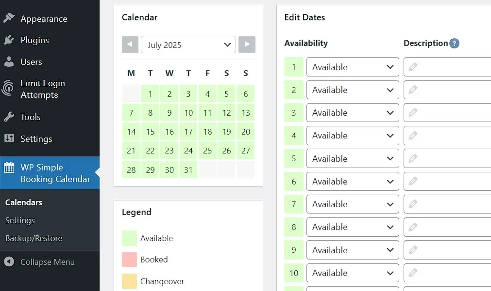 Imagen: WP Simple Booking Calendar en el backend de WordPress